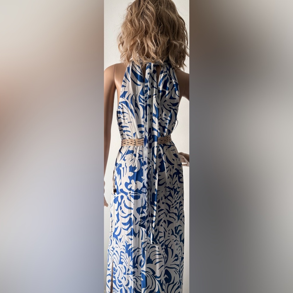 NWT MSK Blue & White Floral Maxi Dress slits on each side, ties on the neck Sz S - Picture 8 of 11